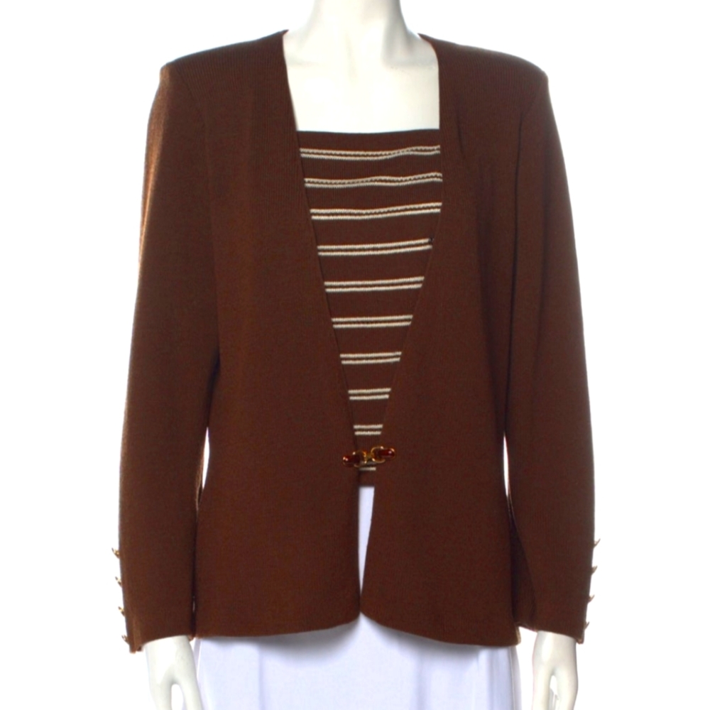 Vintage 80s 90s St. John Collection Wool Blend Clasp Cardigan Neutral Minimalist